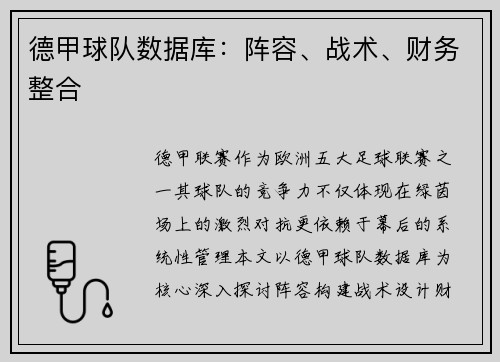 德甲球队数据库：阵容、战术、财务整合